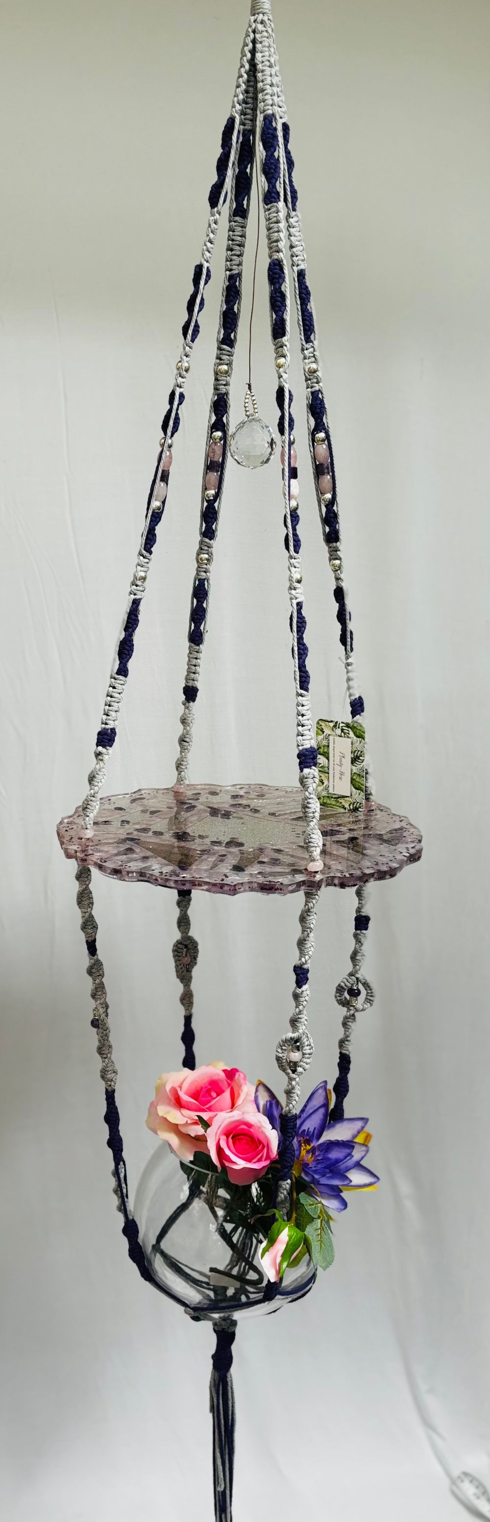 Custom double decker rose quartz and amethyst epoxy shelf. 